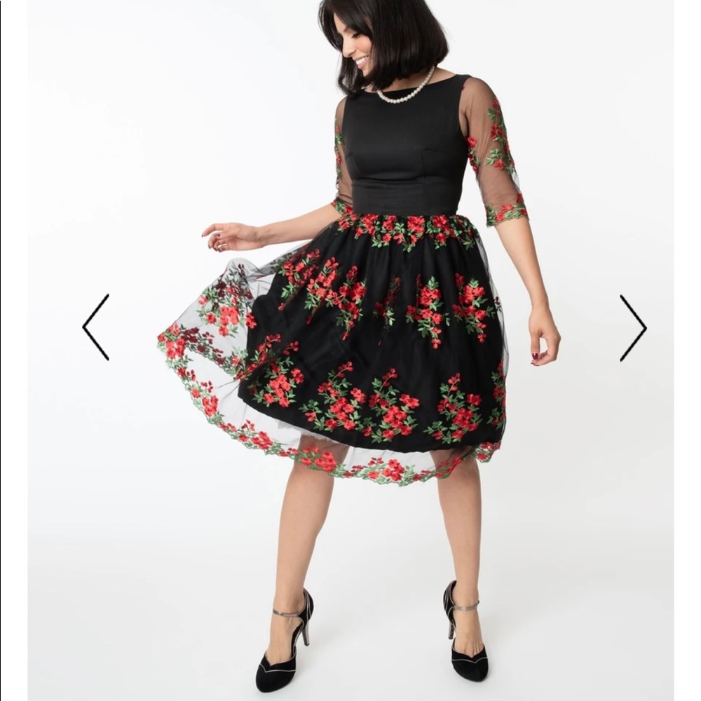 Magnolia Place Black Mesh & Red Embroidered Florals Sleeved Audrey Swing Dress
